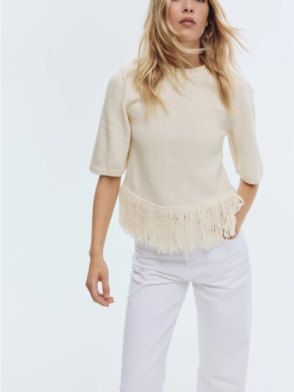 H&M Cream Crew Neck Fringe Sweater